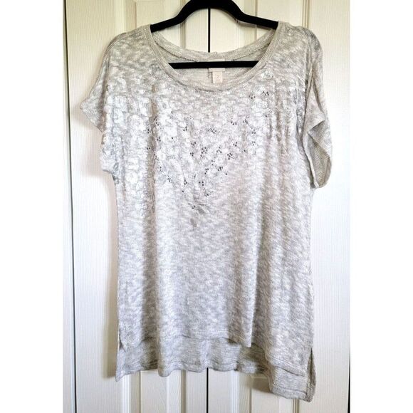 Chico’s 2 Silver Sweater‎ Lightweight Animal Print Sz Large Beaded Stretch - Picture 1 of 5